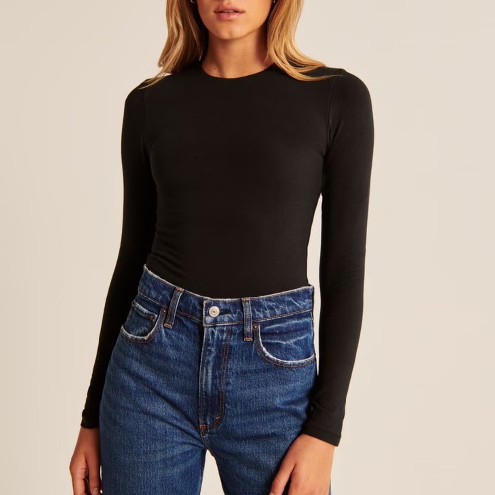 A&F Long-Sleeve Cotton-Blend Seamless Fabric Crew Bodysuit Black Extra Small XS
